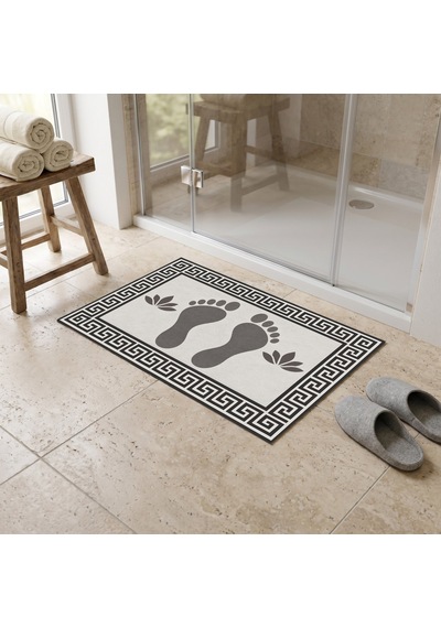 Kartela Halı Ayak İzi Desenli Banyo Paspası Antrasit Kaymaz Taban Makinede Yıkanabilir 50x75 Cm