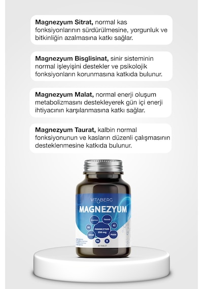 Vitaberg Magnezyum Bisglisinat, Taurat, Sitrat, Malat + K2, B6, Bor, Selenyum