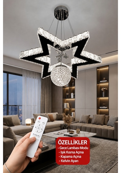 Yıldız Kristal Taşlı Modern Sarkıt Led Avize Çok Renkli