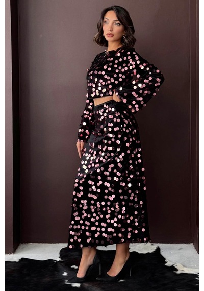 Verymoda Pullu Kadife Bluz SİYAH PEMBE