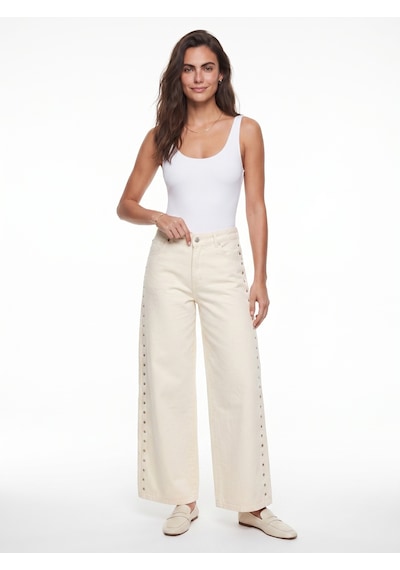 Onloox Kadın Krem Krem Pamuklu Yüksek Bel Wide Leg Yanları Metal Detaylı Cepli Denim Jeans
