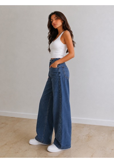 St.poll Christian 90's Orta Mavi Palazzo Salaş Paça Süper Yüksek Bel Jean Pantolon Ortamavi