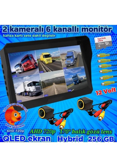 2 Adet 4x3 Cm. Ahd 720p 170 Derece Balık Gözü Kamera 10 İnç 6 Kanallı Qled Ekran 12 V 256 Gb