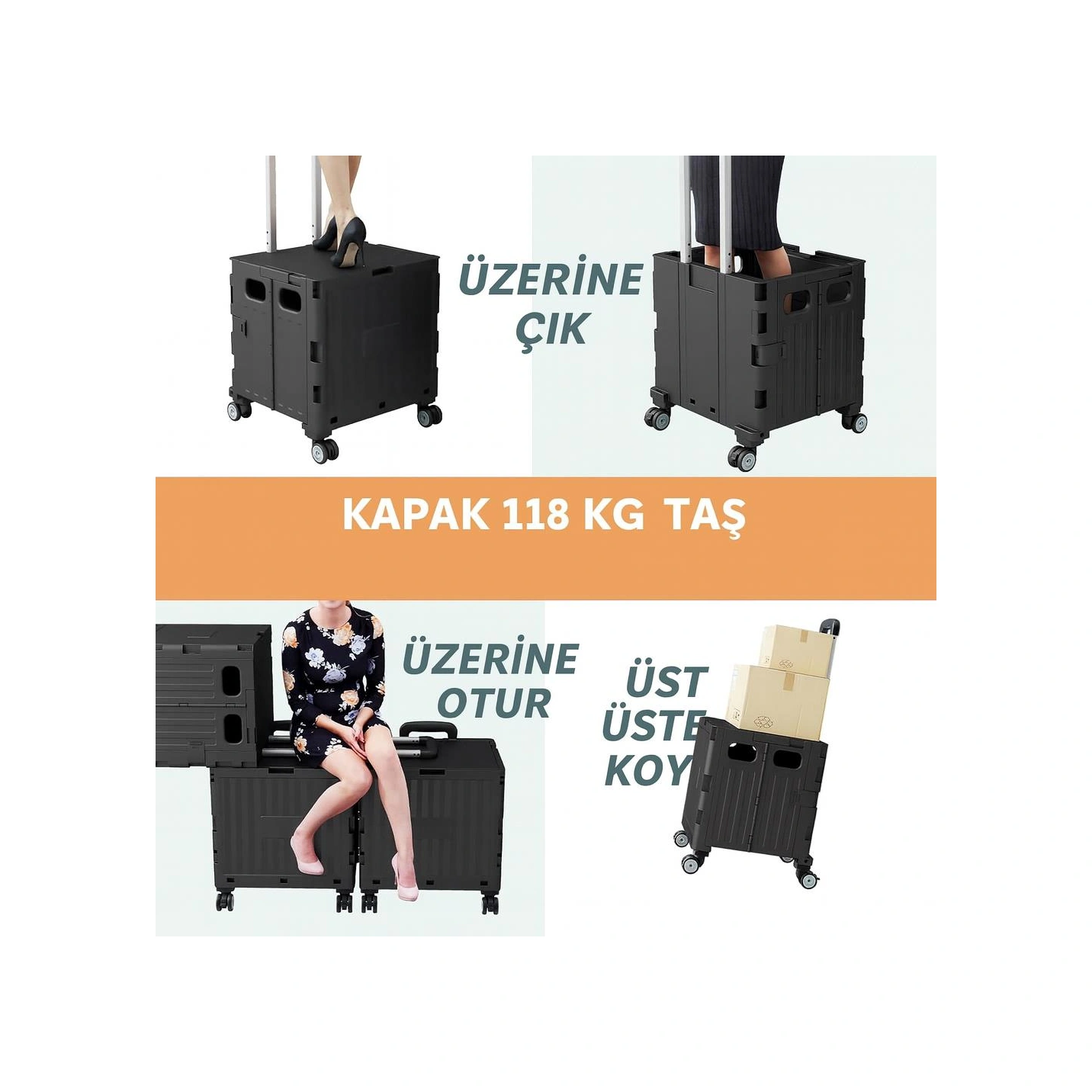 Valkyrie Katlanabilir 4 Tekerlekli Alışveriş Ve Depolama Çantası Kapaklı Teleskopik Çekme Kolu Kamp Plaj Çok Amaçlı Siyah