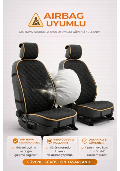 Oto Koltuk Kılıfı Tay Tüyü 2'li Ön Minder Terletmez Kaymaz Airbag Uyumlu - Siyah Bej