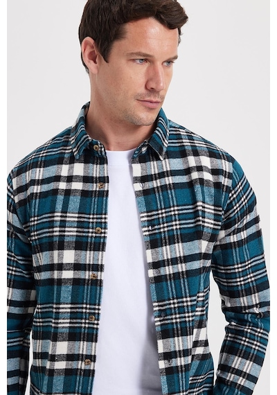 Tudors Erkek Slim Fit Dar Kesim Kareli Kışlık Oduncu Gömlek-42341 Petrol