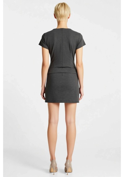 Benerly Kadın Mini Elbise Bisiklet Yaka Kısa Kollu Kemerli Bodycon Kesim Antrasit