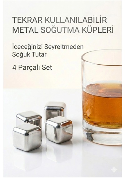 Paslanmaz Çelik Buz Küpü 4 Lü Set İçeceği Sulandırmadan Soğutucu Metal Taş Çok Renkli