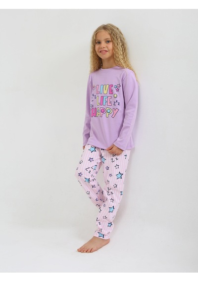 Kız Çocuk Uzun Kollu %100 Pamuklu Pijama Takımı Happy Life Lila
