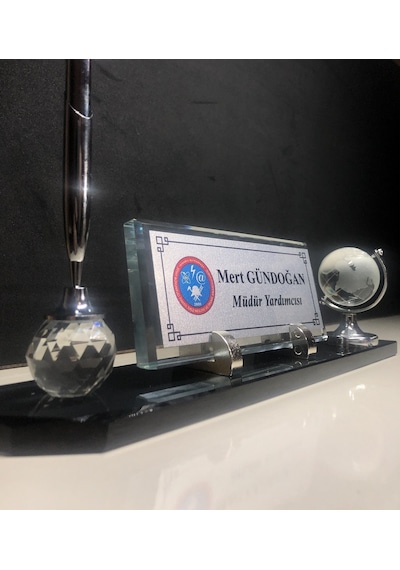 Cam Masa İsimliği Masaüstü Kişiye Özel Füme Gümüş Seti