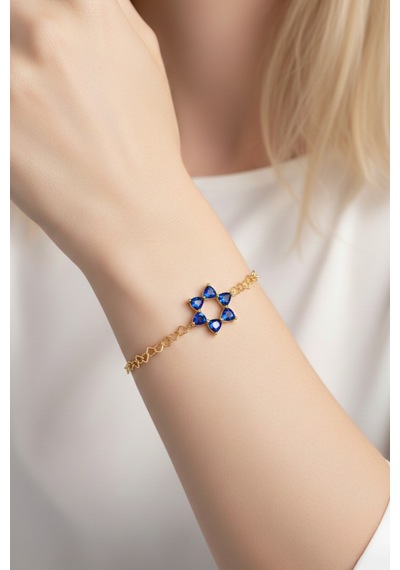 Aşkın Fısıltısı Safir Kalp Taşlı Bileklik 925 Ayar Gümüş Kalp Zincir 20 Cm Gold