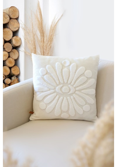 Bohem Özel Tasarım Punch Panç Desen Kare Dekoratif Kırlent Kılıfı 43x43 cm Boho Krem