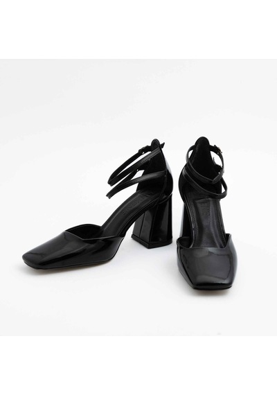 Gleam Kapalı Kare Burun 8cm Kalın Topuk Çift Bantlı Stiletto - Topuklu Ayakkabı 001