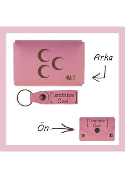 Miaju Pembe Renk, Üç Hilal Sevenlere Özel Üretim, İsme Özel Cüzdan Ve Anahtarlık Set, Efsane Hediye Takım Pembe