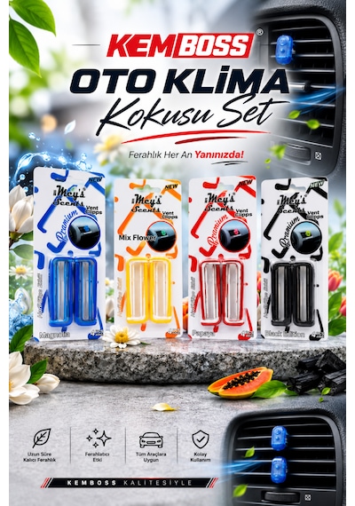 Kemboss Oto Klima Kokusu 4'lü Set Kalıcı Ferah Araç Klima Menfez Kokusu Vent Clip Set 4