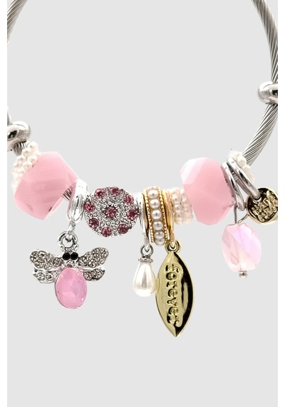 Arı Figürlü Ve Forever Detaylı Silver Pembe Bijuteri Kelepçe Bileklik Gümüş