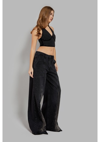 it's basic Kadın Koyu Füme Renk Palazzo Fit Parlak Taşlı Tasarım Denim Taşlı Füme