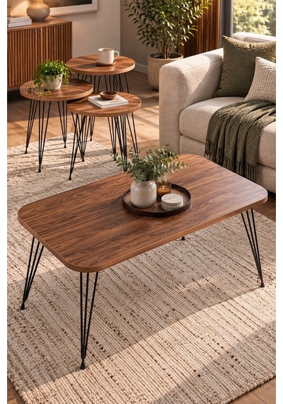Sulorahome Ceviz Desenli 4'lü Sehpa Seti Metal Ayaklı