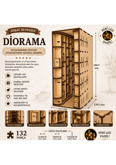 Library Diorama Book Nook Ahşap Maket Seti Dıy Miniatür Kütüphane Peri Led'li Kitaplık Dekoru
