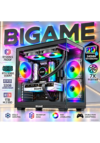 Bigame NOVAR V8 R5-7500F 32 GB 1 TB M2 SSD RTX5060 Free Dos Masaüstü Oyuncu Bilgisayarı