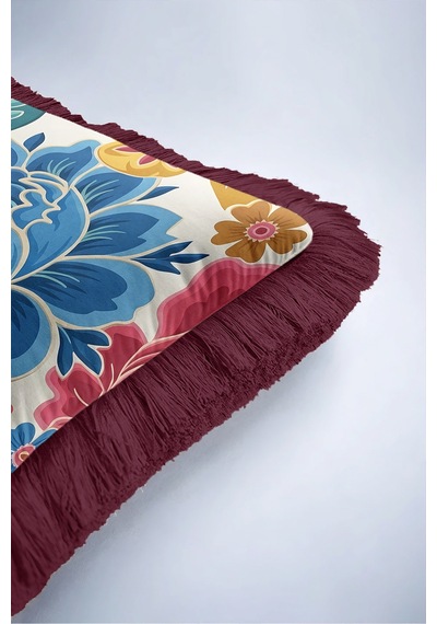 Çiçek Desenli Bohem Şık Saçaklı Yastık Kılıfı - Etnik Floral Modern Püsküllü Kırlent Kılıfı Siyah