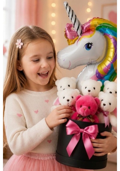 Unicorn Balonlu 6 Peluş Ayıcıklı Premium Hediye Kutusu Kız Çocukları İçin Eğlenceli Doğum Günü Hediyesi