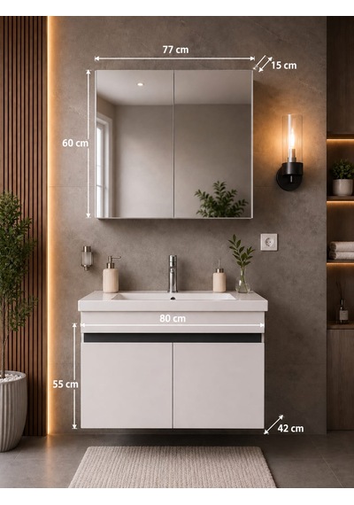 Modern 80 Cm Beyaz Renkli Mdf Seramik Lavabolu Alt Ve Üst Dolaplı Üst Aynalı Banyo Dolabı