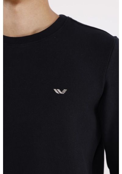 Rowinger Kol Şerit Detaylı Yuvarlak Yaka Göğüs Logolu Rahat Kalıp Mevsimlik Sweatshirt Black