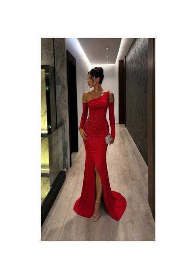 Lior Design Kadın Yeni Sezon Tek Omuz Taş Detaylı Abiye Elbise Kırmızı