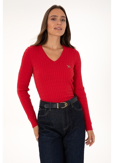 U.S. Polo Assn. Kadın Kırmızı V Yaka Basic Kazak 50307700-VR171