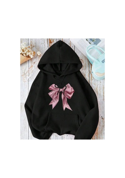 Herkesemoda Pembe Kurdele Baskılı Siyah Kapşonlu Sweatshirt Siyah
