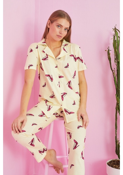 Siyah İnci Örme Pamuklu Düğmeli Pijama Takım Sarı Ayakkabı