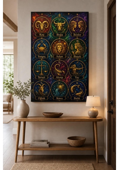 Burçlar Desenli Baskılı Cam Tablo Uv Baskı Astroloji Dekoratif Duvar Tablosu