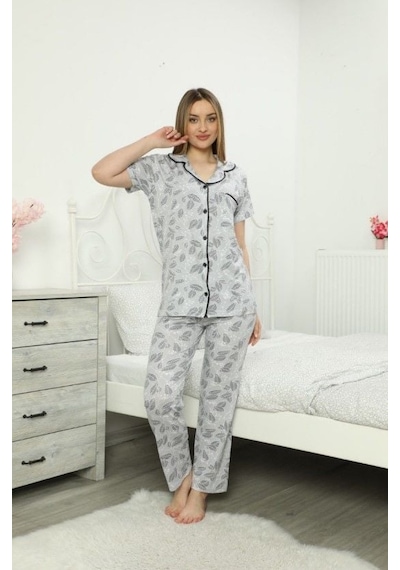 Lazella Kısa Kollu Düğmeli Kadın Pijama Takımı Gri