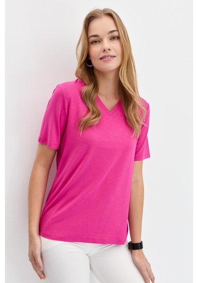 Kadın V Yaka Flamlı Kumaş Basic Tshirt Fuşya Fuşya