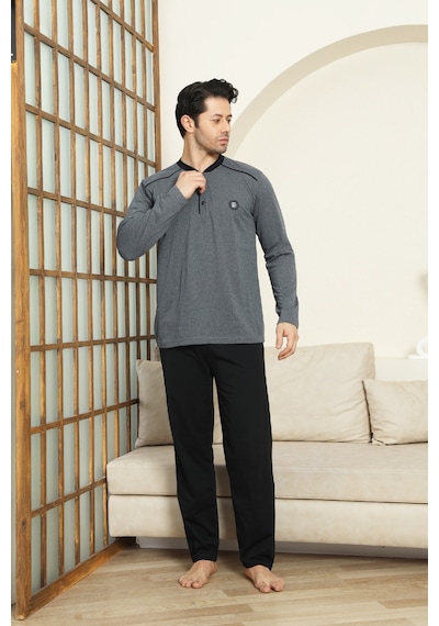 Enisena Erkek %100 Pamuklu Pijama Takımı-3 Düğmeli-12440 Füme