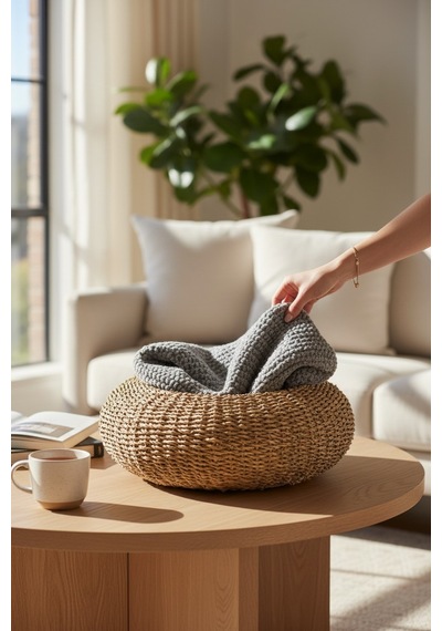Akayev Nature Hasır Büyük Yuvarlak Puf Minder 60 Cm Kahverengi