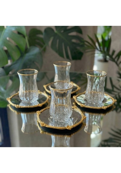 12 Parça 6 Kişilik Kristal Kesim Çay Takımı Cam Çay Bardağı Ve Tabak Seti Eco Gümüş