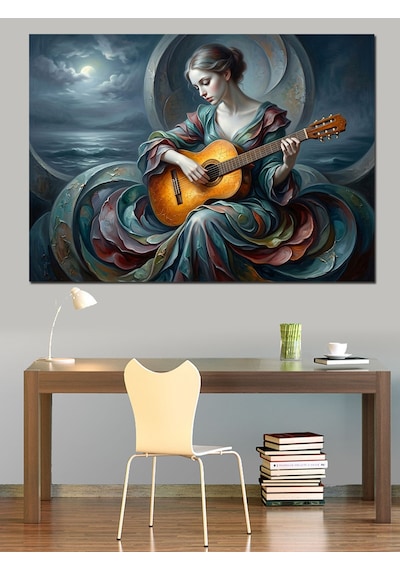 Gitar Çalan Mistik Kadın Portresi Dekoratif Kanvas - Mdf Ahşap Tablo