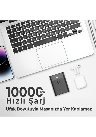 Pb20w 10000mah Type-c Ve Usb Çift Çıkışlı Dijital Ekranlı Mini Powerbank Siyah İphone Huawei Uyumlu