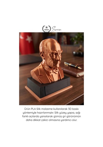 Atatürk Mustafa Kemal Atatürk Büstü 3d Baskı Dekorasyon Biblo Bakır Renk Premium Tasarım Şık Obje E