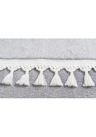 Vl Oval Comfort Overloklu Peluş Halı Beyaz Saçaklı Oval Gri