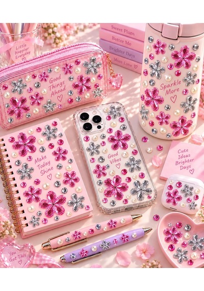Pembe Gümüş Taş & Çiçek İncili Rhinestone Sticker Yapışkanlı Yüz, Tırnak, Vücut Ve Süs Taşı Çok Renkli