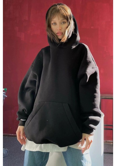 Koyu Siyah Kapüşonlu Şardonlu Oversize Sweatshirt Mg1566