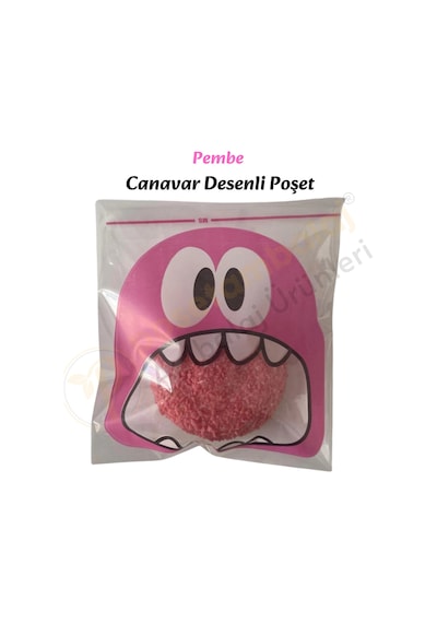 25 Adet Pembe Canavar Desenli Cake Pop & Kurabiye Poşeti-10x15 Cm