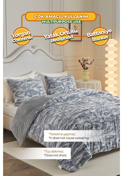 Evlen Home Çift Taraflı Kişilik Kürk Yorgan Uyku Seti Yumuşak Dolgulu Wellsoft Peluş 3 Parça Mia Antrasit Gri