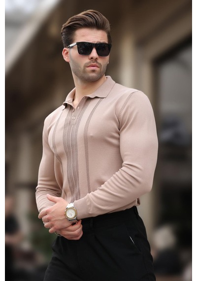 Madmext Bej Polo Yaka Çizgili Erkek Triko Kazak 7265 Bej
