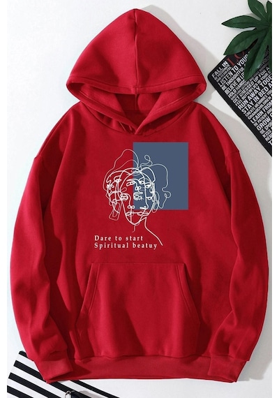 Uyguntarz Unisex Minimal Line Drawing Baskılı Sweatshirt Kırmızı