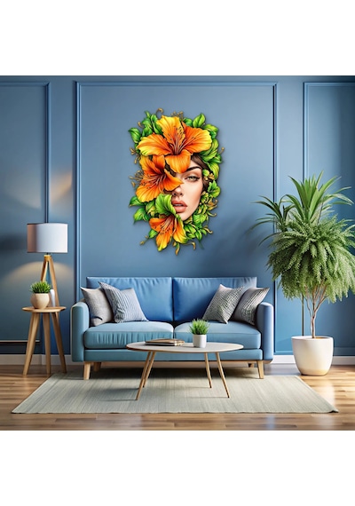 Turuncu Zambaklı Kadın Portresi - Metal Tablo - Dec0276 53 X 80 Cm Çok Renkli