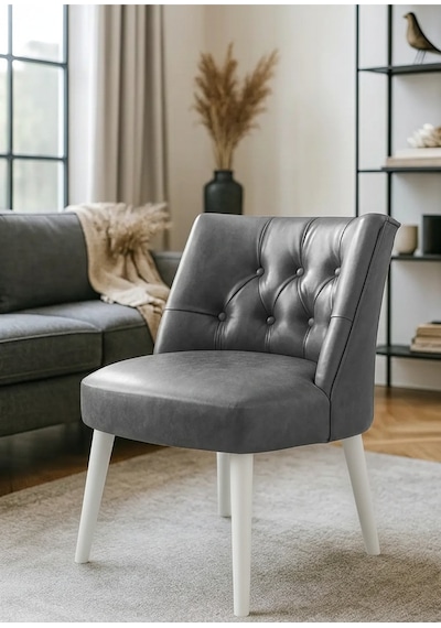 Waterybrook Berjer Sandalye - Kapitoneli Suni Deri - Beyaz Ahşap Ayaklı - Retro Modern Tasarım Gri